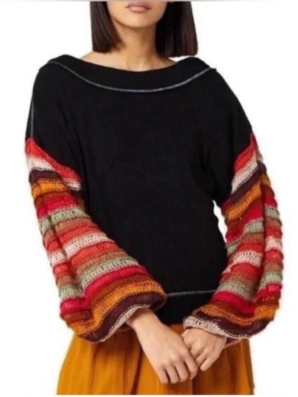 We the Free Cha Cha Balloon Sleeve Sweater Black/ Multicolor Size Small